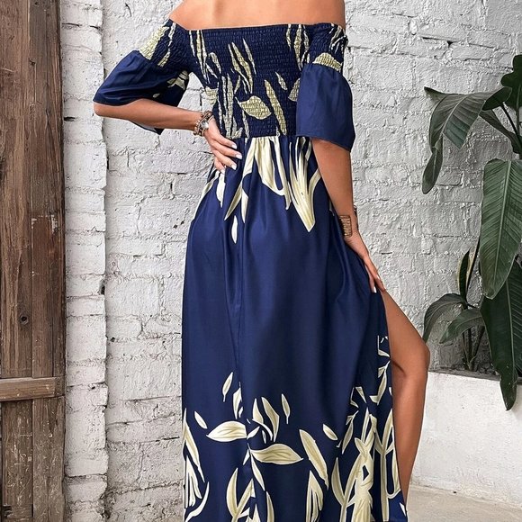 Blue boho Womens Plants Print Shirred Detail Off Shoulder Split Thigh Dress - Picture 2 of 5